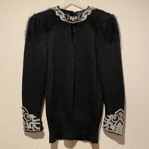 Vintage Della Knit Black Sweater‎ Beaded Cuffs Collar Angora Wool Blend